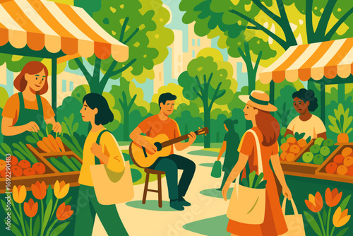 Illustration of a bustling farmer's market with vibrant fruits and vegetables, local vendors, shoppers with reusable bags, and a musician playing guitar in a green park setting