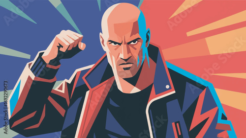 illustration of a bald man posing as an action hero vector design template