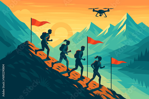 Group of trail runners descending mountain trail at sunrise with drone capturing scenic alpine landscape