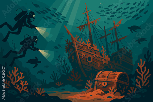 Underwater adventure scene with scuba divers exploring a sunken shipwreck and treasure chest in the ocean