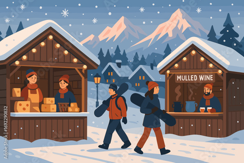 Ski resort winter market with cheese and mulled wine stalls, snowboarders, snowy cabins, and alpine mountains