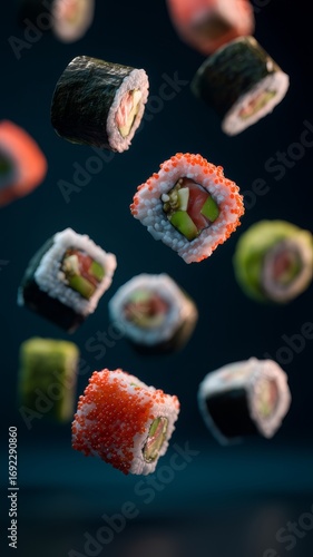 Sushi pieces flying in the air, dark background
