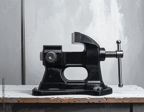 Black workbench vise on a rustic wooden surface