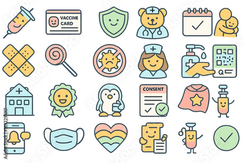 Whimsical child vaccination and healthcare icon set with consent forms, nurses, sanitizer, and safety symbols in pastel colors