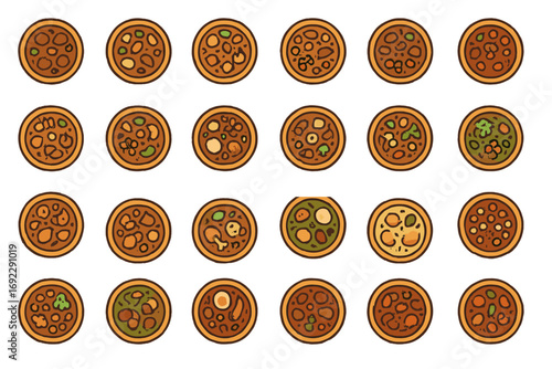 Illustration of various curry bowls with different ingredients such as vegetables, meat, chickpeas, and rice