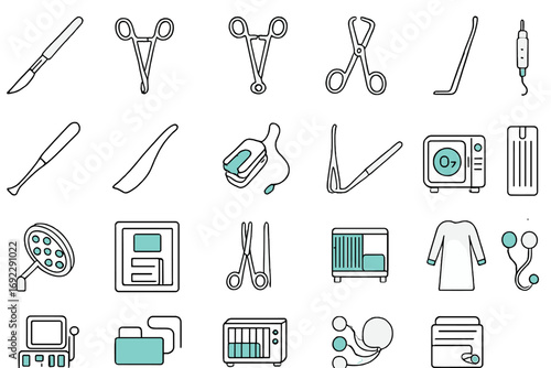 Vector illustration of various medical and surgical instruments and equipment icons on a metallic gradient background