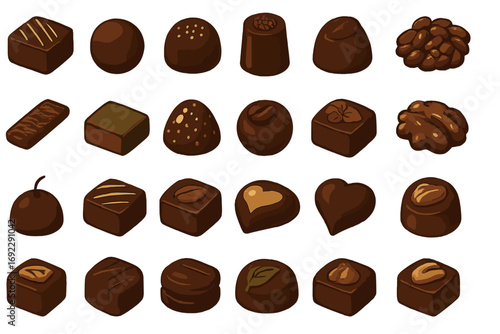 Illustration of assorted chocolate candies and truffles with various fillings, toppings, and shapes