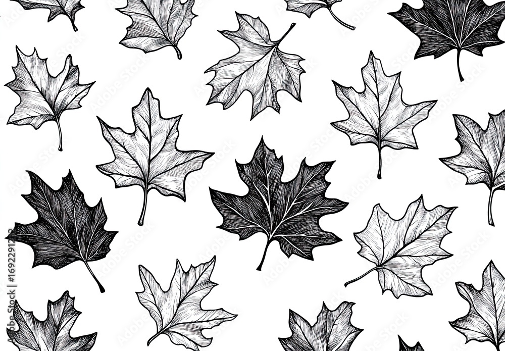 A seamless pattern of black ink drawings of leaves on a white background A seamless pattern of black ink drawings of leaves on a white background