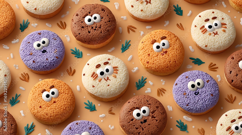 Obraz premium Colorful Cartoon Cookie Character Treats Arranged on a Playful Background