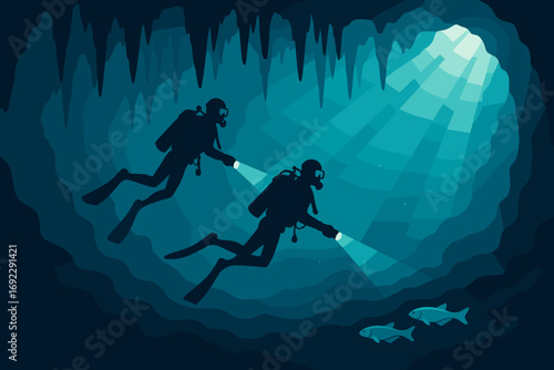 Scuba Divers Exploring Underwater Cave with Flashlights and Fish in Deep Blue Ocean Illustration