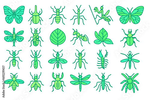 Neon green hand-drawn insect and leaf icons including butterflies, ants, beetles, dragonflies, and praying mantis