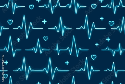 Seamless glowing ECG heartbeat pattern with neon blue pulse lines, heart icons, and medical crosses on dark background