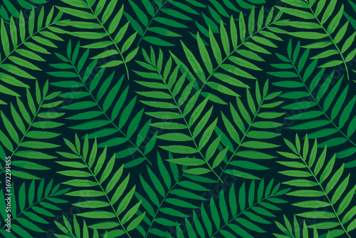 Seamless pattern of lush green tropical fern leaves on dark background for jungle or botanical themed design