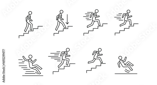 Stick figure falling down stairs, running up stairs