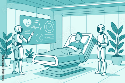 Robots assisting patient in advanced hospital room with digital health dashboard, futuristic medical technology illustration