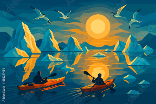 Two people kayaking among icebergs at sunset with flying seabirds, serene arctic landscape, digital adventure illustration