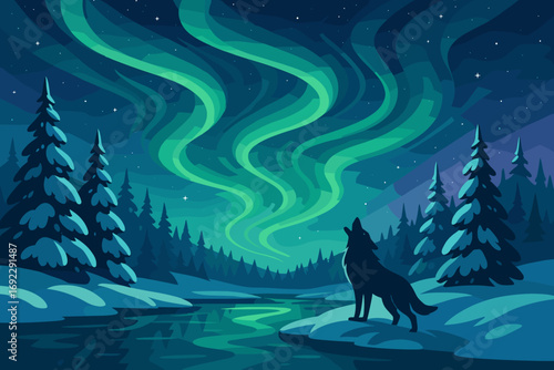 Wolf howling under northern lights in snowy forest with starry night sky and river reflection, winter wilderness scene