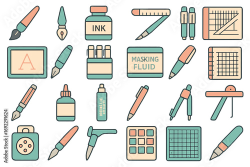 Art and Design Tool Icons Set Featuring Pens, Brushes, Inks, Rulers, Sketchbooks, and Compass in Soft Pastel Colors
