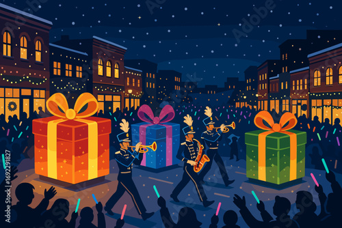 Festive Christmas Parade with Marching Band and Giant Wrapped Gift Floats in Snowy Downtown Street at Night
