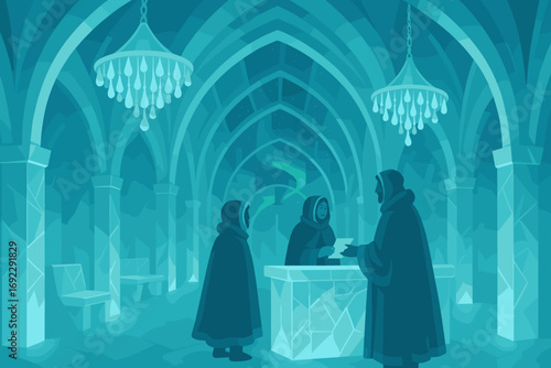 Fantasy ice castle hall with robed figures under chandeliers and northern lights through gothic arches