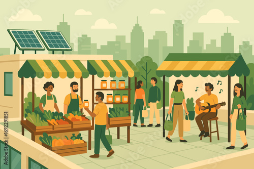 Sustainable Rooftop Farmers Market with Fresh Vegetables, Honey, Live Guitar Music, and Solar Panels in Urban Cityscape