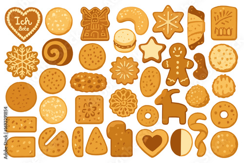 Variety of German holiday cookies and festive biscuits on orange background with "Ich liebe dich" heart