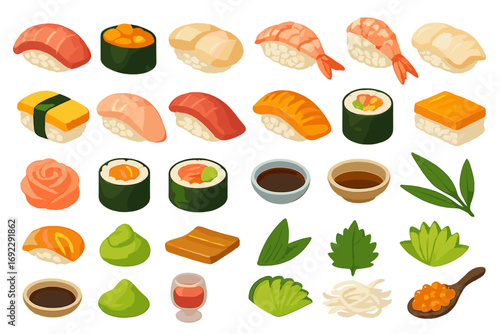 Cute sushi illustration set with nigiri, rolls, wasabi, soy sauce, garnishes, and traditional Japanese condiments