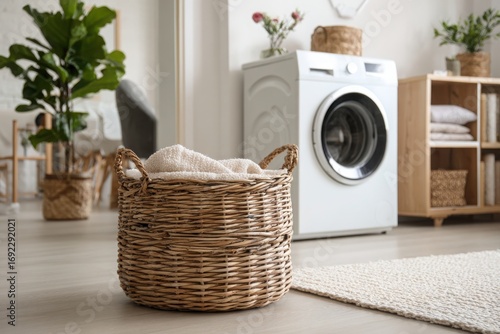 Bright and organized laundry room featuring a washing machine, wicker basket with folded towels, and shelves with home essentials.