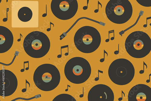 Seamless retro music pattern with vinyl records, turntable arms, and musical notes on mustard yellow background
