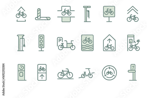 Bicycle infrastructure and cycling navigation icon set on metallic green background