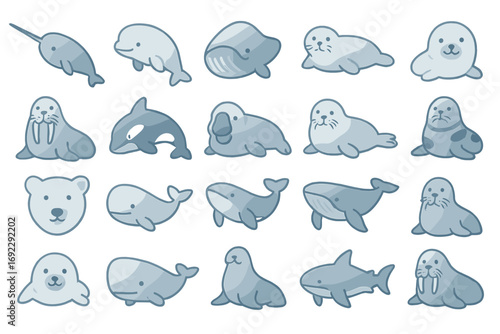 Cartoon marine animals and arctic wildlife icons including seals, walrus, whales, narwhal, polar bear, and dolphin