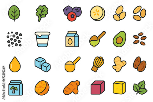 Hand-drawn icons of healthy smoothie ingredients including fruits, vegetables, seeds, herbs, dairy alternatives, and superfoods on a colorful gradient background