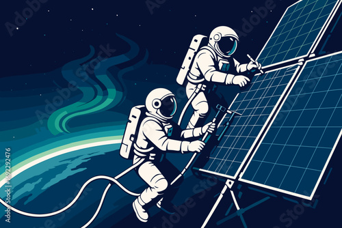 Two astronauts repairing solar panels in space with Earth and aurora in the background
