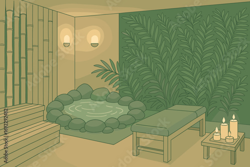 Tranquil spa room with massage table, bamboo sauna, stone hot tub, and candlelight ambiance