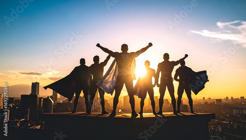 Silhouette of a superhero team on a rooftop at sunset