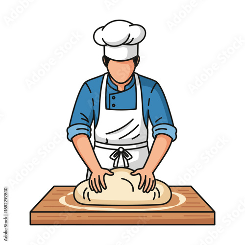 Baker Kneading Dough:  Cartoon Style Illustration,  Warm and Friendly Mood
