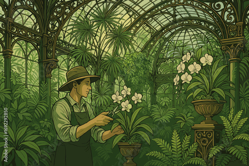 Gardener tending orchids in lush greenhouse during daylight hours
