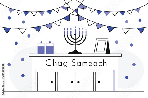 Illustration of chag sameach banner above a table with a menorah and candles for hanukkah celebration
