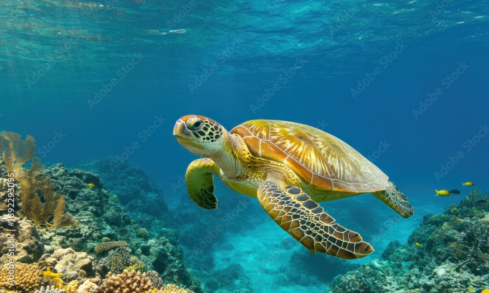 Obraz premium Sea turtle glides through vibrant coral reef