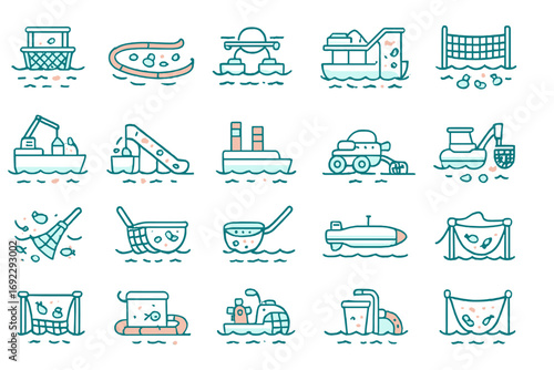 Various marine activities and equipment illustrated in simple line drawings depicting life on water