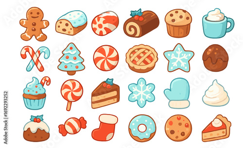 Colorful collection of festive desserts and treats displayed on a white background during winter holiday season celebration
