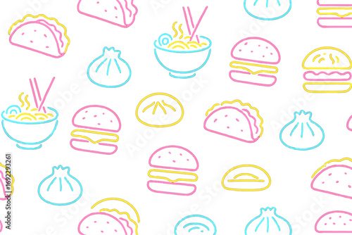 Colorful collection of food doodles with tacos, noodles, burgers, and dumplings on a white background