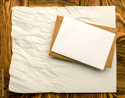 Blank card and envelope on crumpled paper