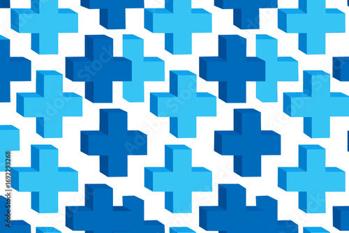 3D blue plus sign pattern with various shades on a bright white background showcasing a modern design concept