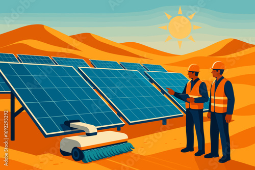 Solar panel maintenance team inspects solar farm under a clear sky in a desert landscape during afternoon sunshine