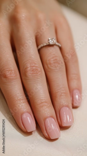 A photo of the manicure, showcasing soft pink nails with a square shape and rounded edges.