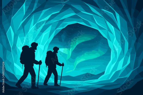 Hikers exploring a glowing ice cave while witnessing the northern lights on a clear winter night