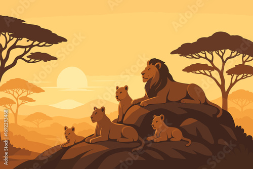 Lions basking on a rock at sunset in a serene savanna landscape with acacia trees