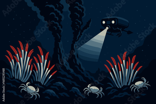 Exploring an underwater volcano with a submarine and crabs near vibrant hydrothermal vents