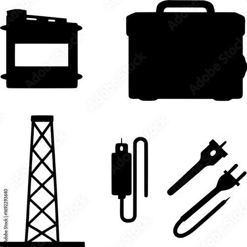 Simplified tool icon set for industrial use, featuring generator, clipboard, light tower, mobile electric box, tangled plugs, extension cords.